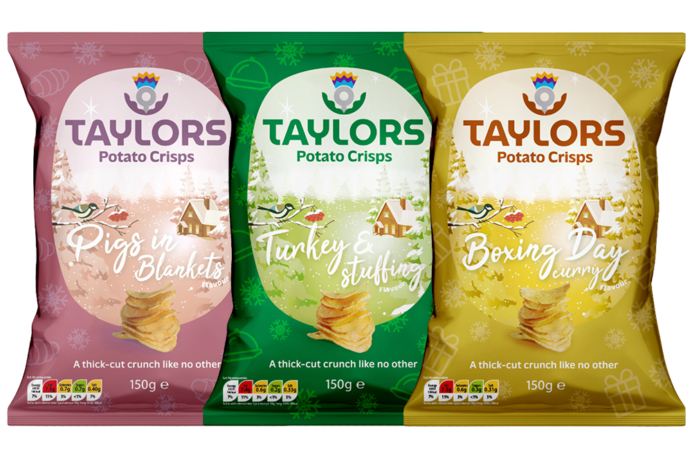 Taylors Snacks Christmas crisps range, with three great flavours, from left to right; Pigs in Blankets, Turkey & Stuffing and Boxing Day Curry.