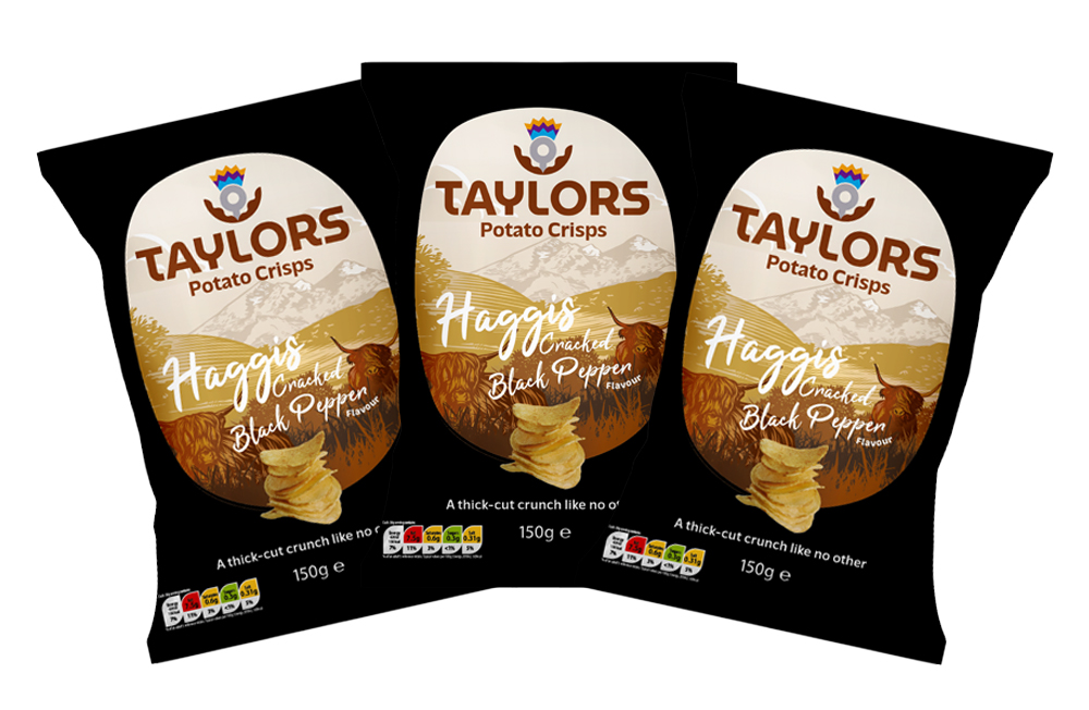 A trio of Taylors Haggis & Cracked Black Pepper crisps, the exact same product as Mackies Haggis crisps.