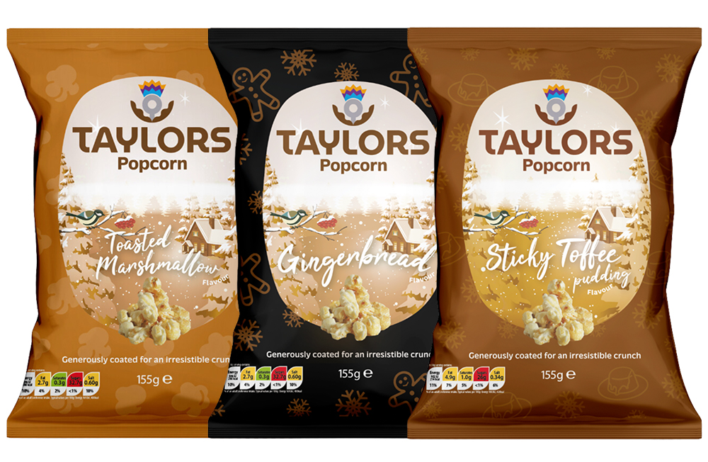 Taylors Snacks Christmas popcorn range, with three great flavours, from left to right; Toasted Marshmallow, Gingerbread and Sticky Toffee Pudding.