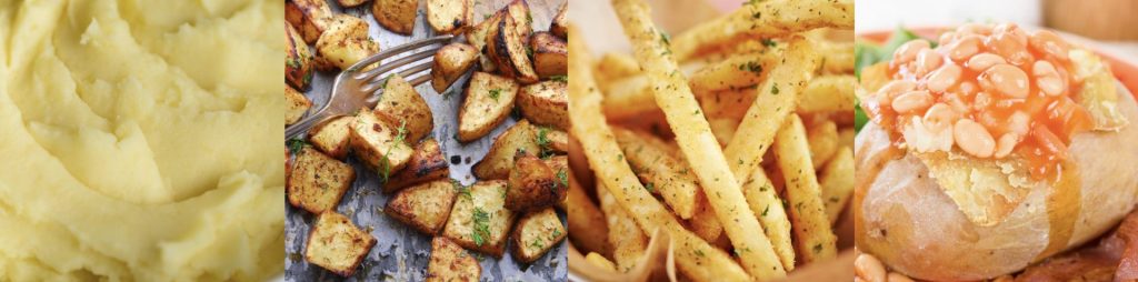 four different types of potato dishes, from left to right; mashed potato, roast potatoes, chips and a baked potato with baked beans.