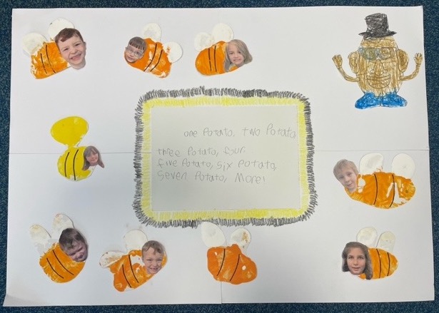 An entry from Ballumbie PRimary School's Beehive Bees, where they've created a montage of potato paintings and a poem for the #TattieArtChallenge.