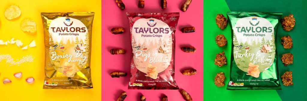 Taylors three Festive Snacks crisps flavours; from left to right, Boxing Day Curry, Pigs in Blankets and Turkey & Stuffing.
