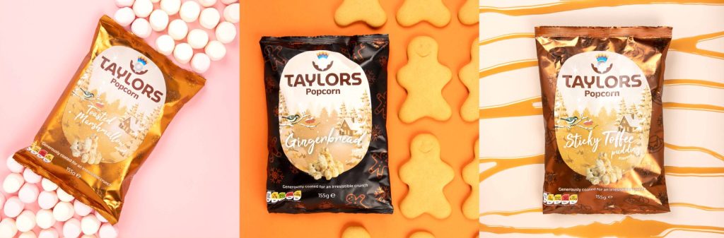 Taylors three Festive Snacks popcorn flavours; from left to right, Toasted Marshmallow, Gingerbread and Sticky Toffee Pudding.