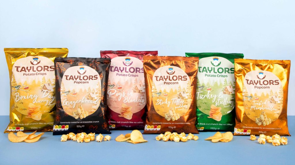 The Taylors Festive Snacks line-up with a mixture of crisps and popcorn flavours across six products.
