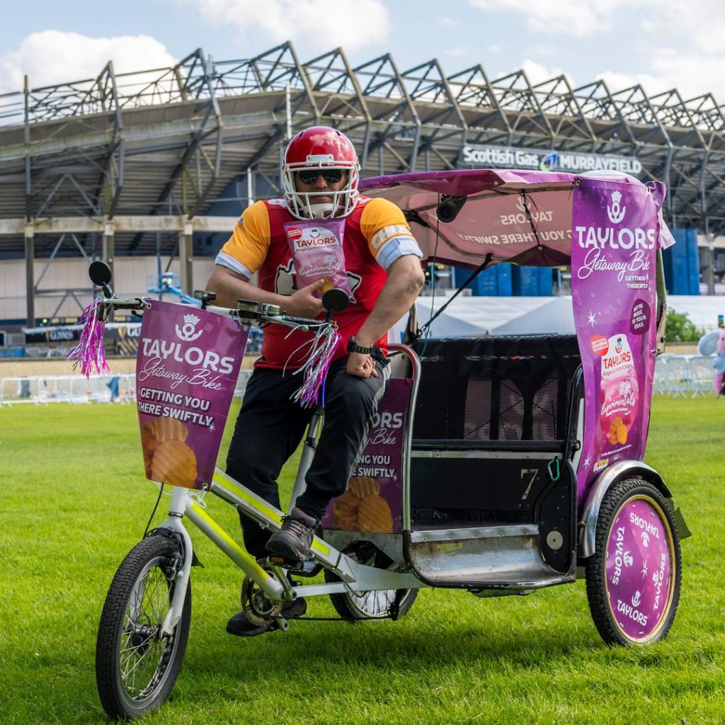 The Taylors rickshaw at Murrayfield in Edinburgh, with Taylors Limited Edition Crisps.