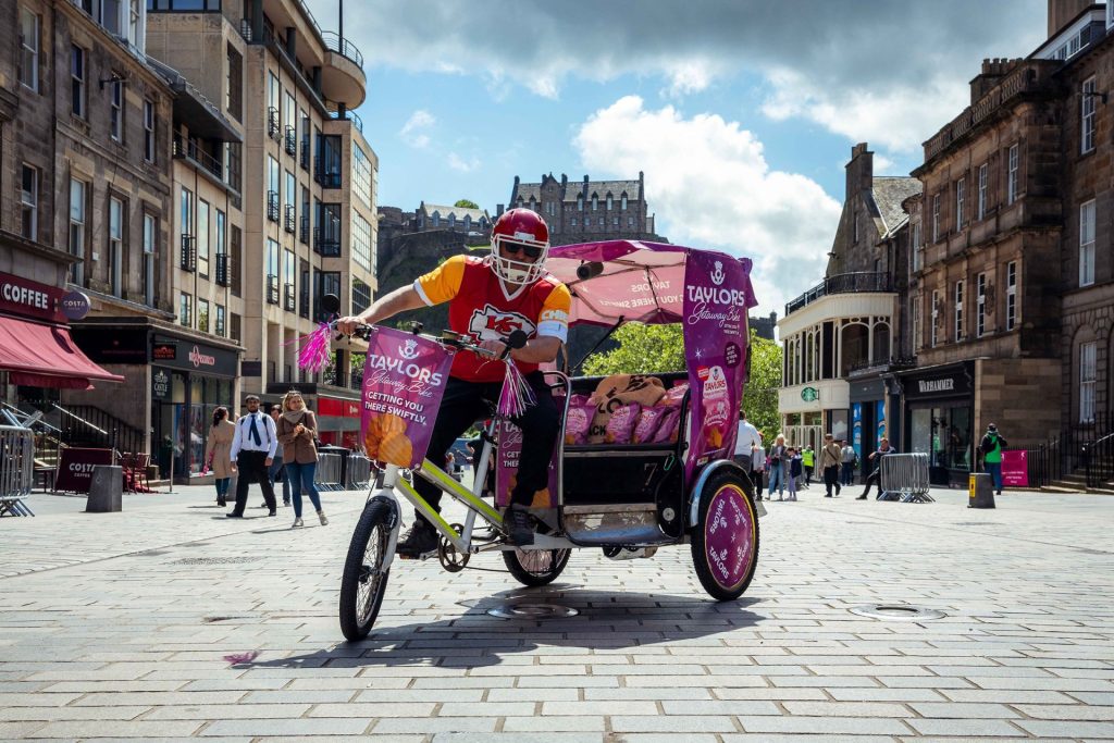 Our Travis-inspired rickshaw driver in Edinburgh, with lots of Taylors Experimentals samples.