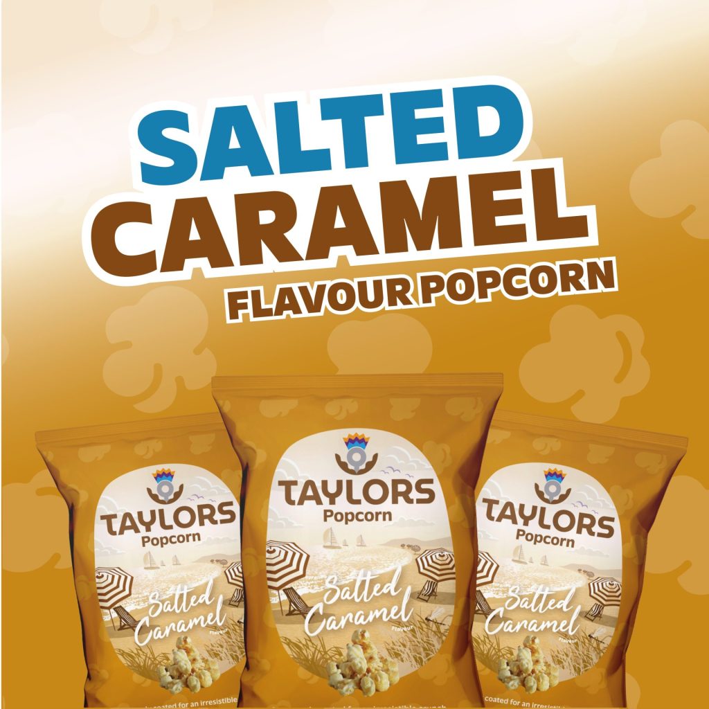 Three packets of Taylors Salted Caramel Popcorn.