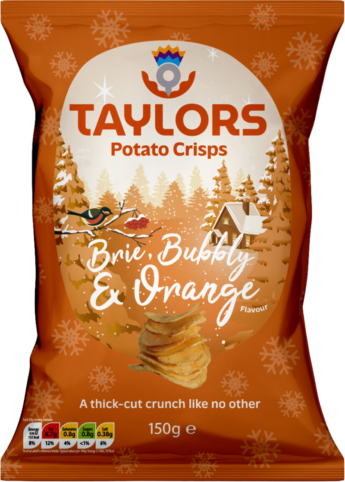 Taylors Brie, Bubbly & Orange Flavour Crisps packshot.