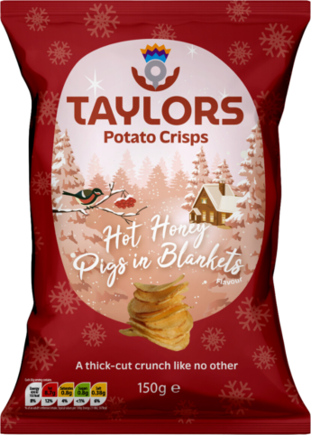 Taylors Hot Honey Pigs in Blankets Flavour Crisps packshot.