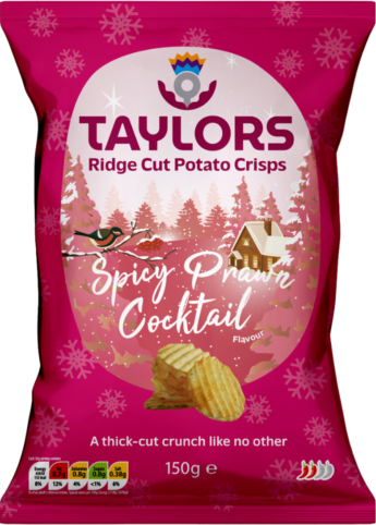 Taylors Festive Spicy Prawn Cocktail Ridge Cut Potato Crisps packshot.